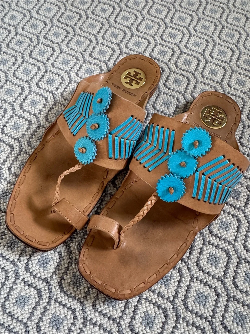 Tory Burch Brown Leather Slide Sandals with Turquoise Floral Accents